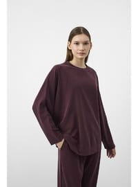 Mürdüm Kadın Tencel Karışımlı Yumuşak Dokulu Bisiklet Yaka Basic Bol Paça Alt Üst Takım Mürdüm
