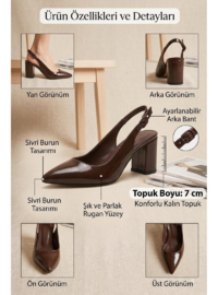 Kadın Kahverengi Rugan Sivri Burun Alçak Kalın Topuklu Arkası Açık Slingback Stiletto Ayakkabı Kahverengi