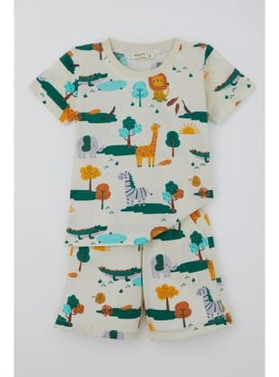 Breeze Erkek Çocuk Şortlu Pijama Takımı Safari Temalı Sevmli Hayvancıklar Desenli 1.5-5 Yaş, Sarı