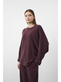 Mürdüm Kadın Tencel Karışımlı Yumuşak Dokulu Bisiklet Yaka Basic Bol Paça Alt Üst Takım Mürdüm