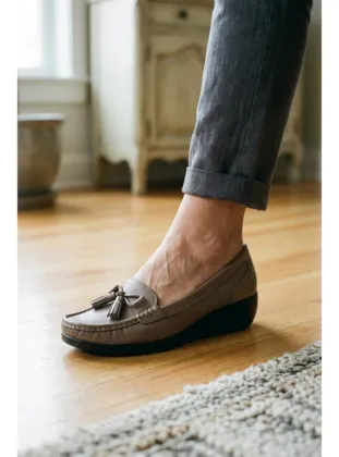 Hakiki Deri Kadın Vizon Topuk Dikeni Destekli Comfort Dolgu Taban Loafer Ayakkabı Vizyon