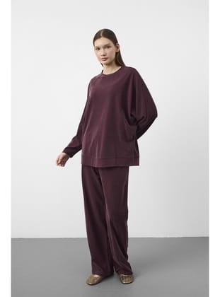 Mürdüm Kadın Tencel Karışımlı Yumuşak Dokulu Bisiklet Yaka Basic Bol Paça Alt-Üst Takım Mürdüm
