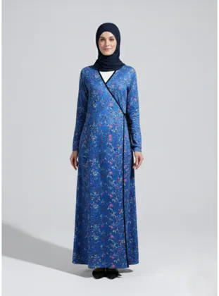 2311_Pratik Yandan Bağlamalı Kruvaze Biye Kuşaklı %100 Polyester Kumaş Tesettür Namaz Elbisesi