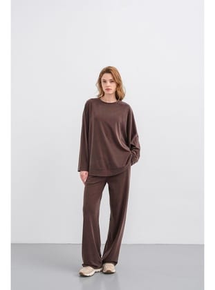 Kahverengi Kadın Tencel Karışımlı Yumuşak Dokulu Bisiklet Yaka Basic Bol Paça Alt-Üst Takım KAHVERENGİ