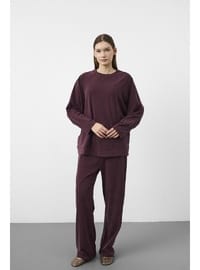Mürdüm Kadın Tencel Karışımlı Yumuşak Dokulu Bisiklet Yaka Basic Bol Paça Alt Üst Takım Mürdüm
