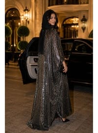 Pul Payetli Antrasit Abaya Tesettür Abiye Ferace Uzun Ceket Kimono Uyumlu