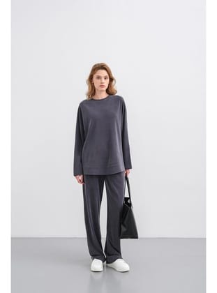 Füme Kadın Tencel Karışımlı Yumuşak Dokulu Bisiklet Yaka Basic Bol Paça Alt-Üst Takım FÜME