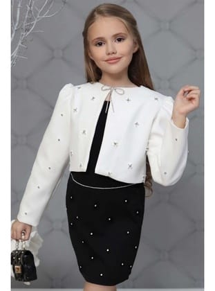 Kız Çocuk Üzeri Taş İşlemeli Etek Askılı Penye Bluz ve Beyaz Blazer Ceket Etekli Takım Beyaz