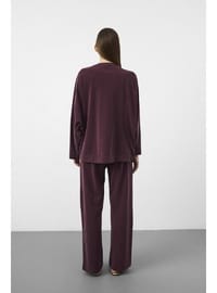 Mürdüm Kadın Tencel Karışımlı Yumuşak Dokulu Bisiklet Yaka Basic Bol Paça Alt Üst Takım Mürdüm