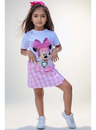 Kız Çocuk Minnie Baskı ve Üzeri Tül Fiyonk Detaylı Tişört Ekose Desen Etekli Takım Beyaz