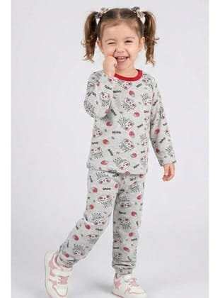 Breeze Kız Bebek Pijama Takımı Sevimli Kraliçe Desenli Çilekli 9 Ay-3 Yaş, Açık Gri Melanj
