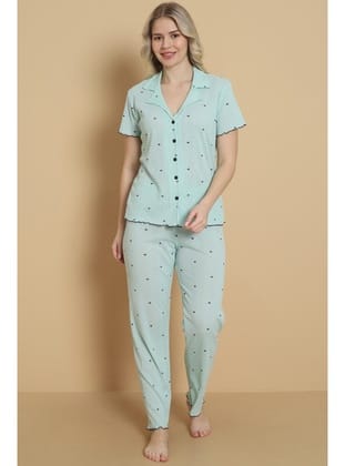 Mirano 1712 Minik Kalp Desenli Pointel İnce Kumaş Düğmeli Kısa Kollu Kadın Pijama Takımı