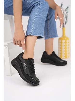 Muggo Happy Garantili Kadın Ortopedik Günlük Bağcıklı Şık Rahat Sneaker Spor Ayakkabı SİYAH