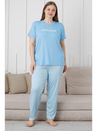 Mirano 3503 Çizgili Pijamalı Kısa Kollu Büyük Beden Pegasus Kumaş Kadın Pijama Takımı