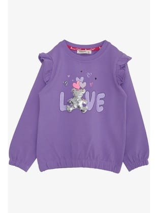 BREEZE Kız Çocuk Sweatshirt Pullu Ayıcık Aksesuarlı Simli Yazı Bazkılı 1.5-5 Yaş, Eflatun