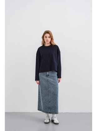 Lacivert Kadın Bisiklet Yaka Etek Yırtmaçlı %100 Pamuk Oversize Basic Sweatshirt Lacivert