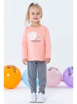 Breeze Kız Çocuk Taytlı Takım Parfüm Şişesi Nakış Baskılı Güpürlü Kalpli 1.5-5 Yaş, Somon