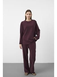 Mürdüm Kadın Tencel Karışımlı Yumuşak Dokulu Bisiklet Yaka Basic Bol Paça Alt Üst Takım Mürdüm