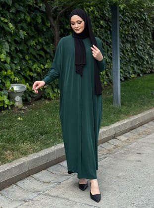 Yarasa Kollu Tesettür Elbise - Yeşil - ZENANE