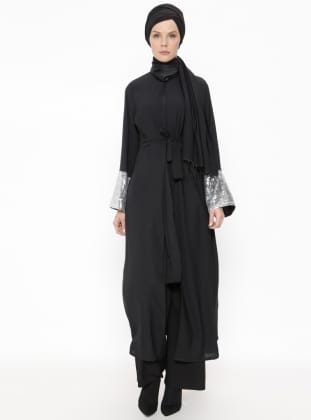 Kolları Payetli Abaya - Gümüş Siyah - Filizzade