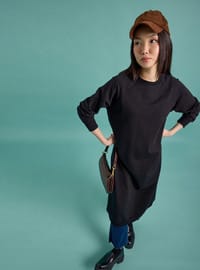 Bisiklet Yaka Diz Altı Sweatshirt Siyah