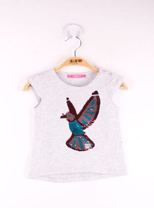 Toontoy Kız Bebek Tişört Pullu Kuş Baskı-Gri Melanj