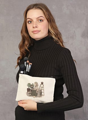 Clutch Fotoğrafçı Kız Kanvas Makyaj Çantası - Krem - Çınar Bez Çanta