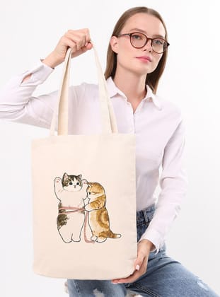 Kanvas Cats Size Baskılı Bez Çanta - Krem - Çınar Bez Çanta
