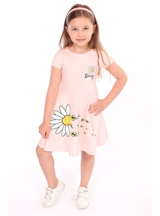 Toontoy Kız Çocuk Göğsü Ve Etek Kısmı Daisy Yazılı Arı Baskılı Elbise-Pudra