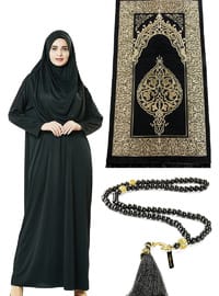 Tek Parça Namaz Elbisesi Seccade Tesbih İbadet Seti Siyah