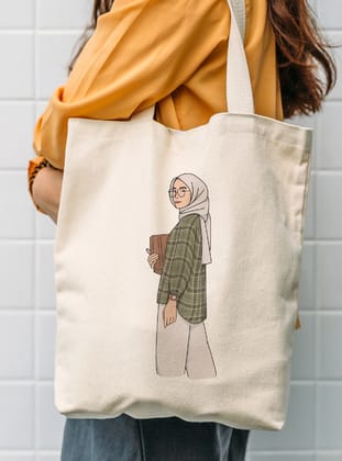 Kanvas Kumaş Tesettür Kitap ve Kız Bez Çanta - Krem - Çınar Bez Çanta