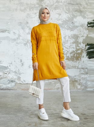 Gofreli Triko Tunik - Hardal  - Modaefa