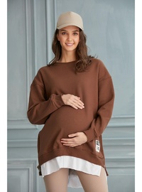 Hamile Üç İplik Penye Sweatshirt Kahve