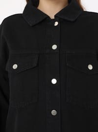 Kontrast Dikiş Detaylı Kapaklı Cepli Büyük Beden Denim Gömlek Ceket Siyah Alia