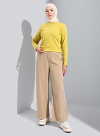 Doğal Kumaşlı Beli Lastikli Gabardin Pantolon Camel