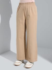 Doğal Kumaşlı Beli Lastikli Gabardin Pantolon Camel