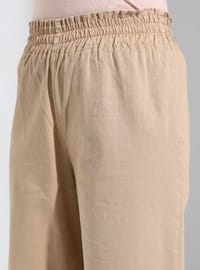 Doğal Kumaşlı Beli Lastikli Gabardin Pantolon Camel