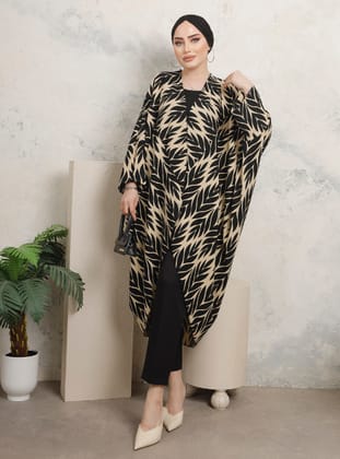 Yaprak Desenli Salaş Kimono - Siyah  - Modaefa