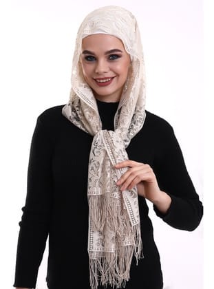 Narin Pamuk Tül Şal Koyu Krem-2 60x160