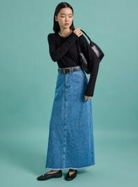 Püskül Detaylı Klasik Denim Etek Mavi
