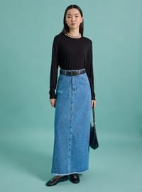 Püskül Detaylı Klasik Denim Etek Mavi