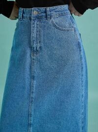 Püskül Detaylı Klasik Denim Etek Mavi