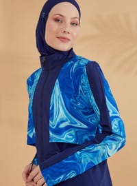 Marina 4'lü Paraşüt Kumaş Lacivert Desenli Tam Kapalı Tesettür Mayo