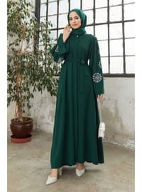 Liva Kolları Taşlı Abaya Zümrüt
