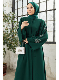 Liva Kolları Taşlı Abaya Zümrüt