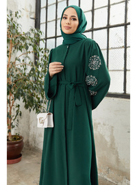 Liva Kolları Taşlı Abaya Zümrüt