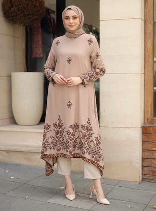 Sulu Desenli Tunik - Vizon - ZENANE