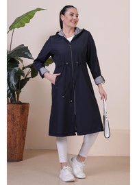 Kadın Uzun Tesettür Trençkot Büyük Beden Fermuarlı Trenc Lacivert