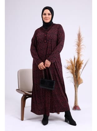 Kadin Gunluk Elbise Tesettur Leopar Desenli Buyuk Beden Elbise Bordo