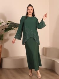 Kadın Büyük Beden Abiye Elbise İnce Tas Baskılı Tesettür Abiye Takım Zümrüt Yeşili